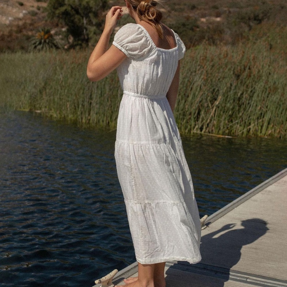 ABLE White Cotton Swiss Dot Tiered Midi Dress